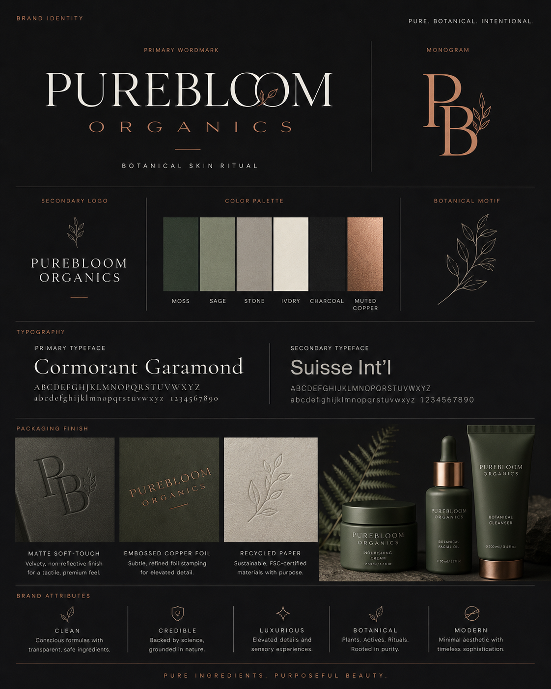 Purebloom brand identity board: wordmark, monogram, color palette, typography, packaging finish, and brand attributes