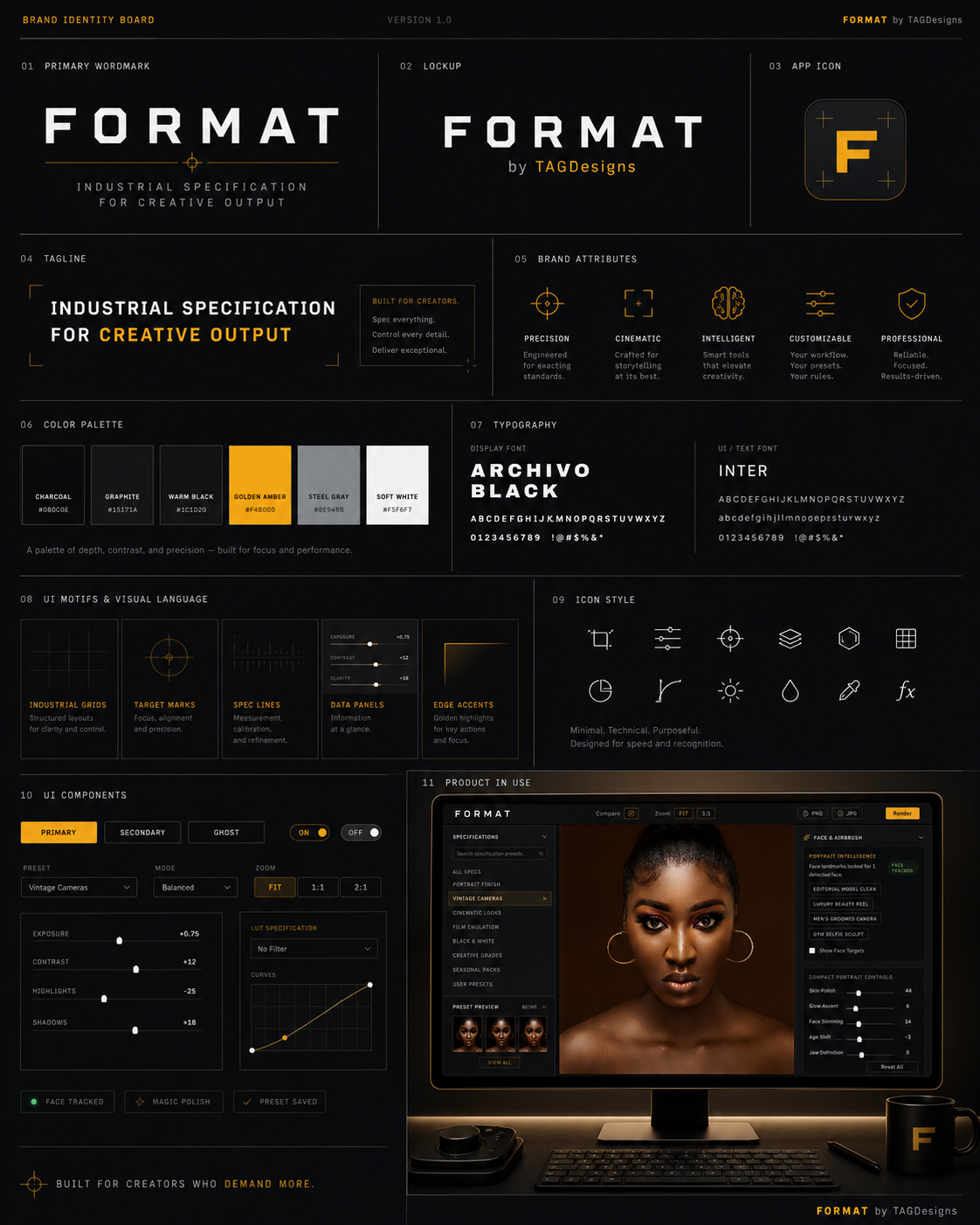 FORMAT brand identity board version 1.0: primary wordmark, lockup with TAGDesigns, golden amber app icon, tagline 'Industrial Specification for Creative Output', five brand attributes (Precision, Cinematic, Intelligent, Customizable, Professional), six-tone color palette, Archivo Black + Inter typography, UI motifs (industrial grids, target marks, spec lines, data panels, edge accents), icon style, and product-in-use studio shot