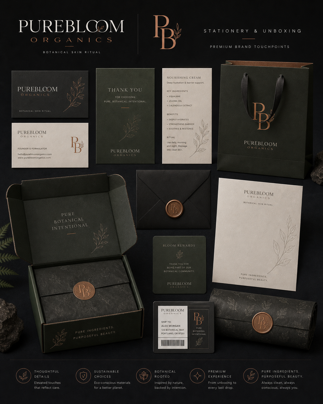 Purebloom stationery and unboxing system: business cards, thank-you card, ingredient insert, wax-sealed envelope, mailer box, Bloom Rewards card, shipping label
