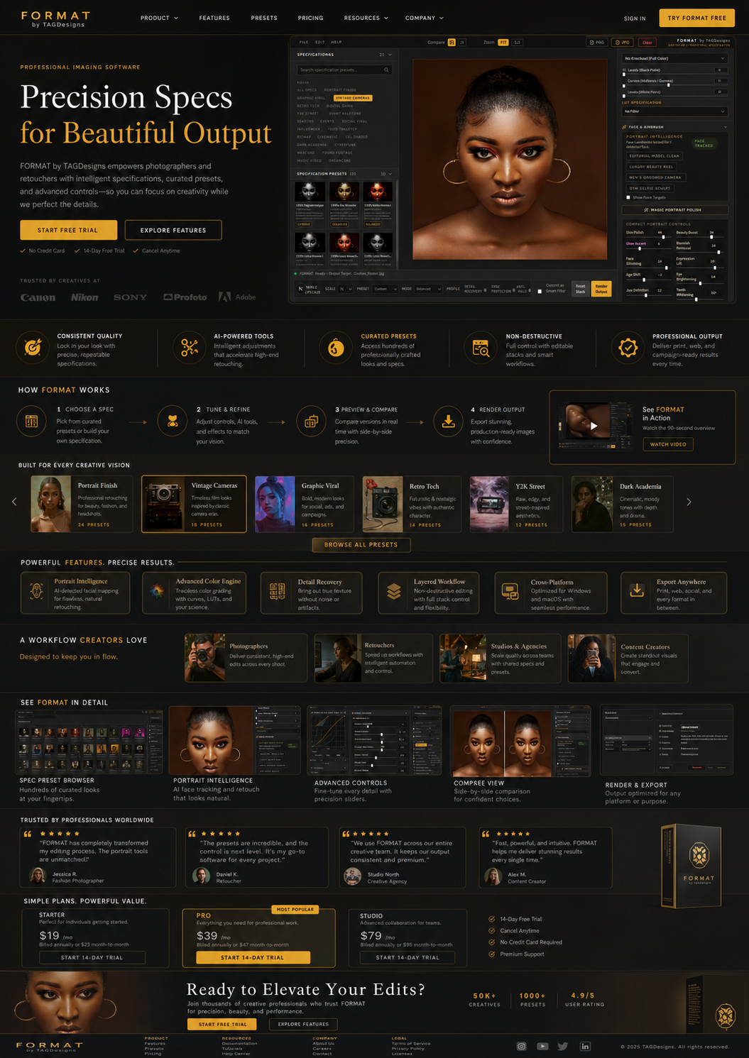 FORMAT by TAGDesigns — Precision Specs for Beautiful Output. The professional imaging software shipped as a full marketing site with product preview, feature grid, preset library, plans, and creator testimonials.