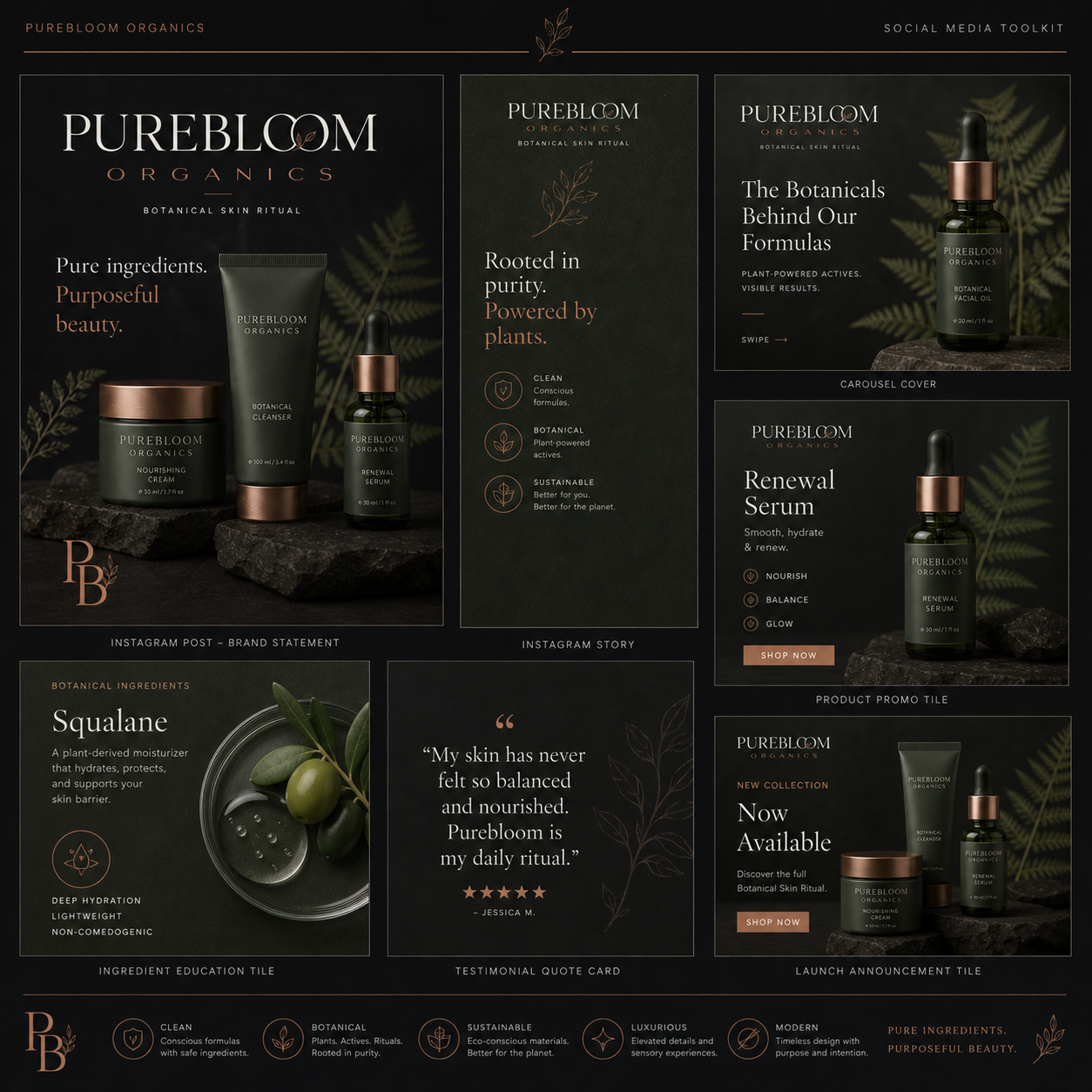 Purebloom social media toolkit: Instagram post, story, carousel cover, product promo tile, ingredient education tile, testimonial quote, launch announcement