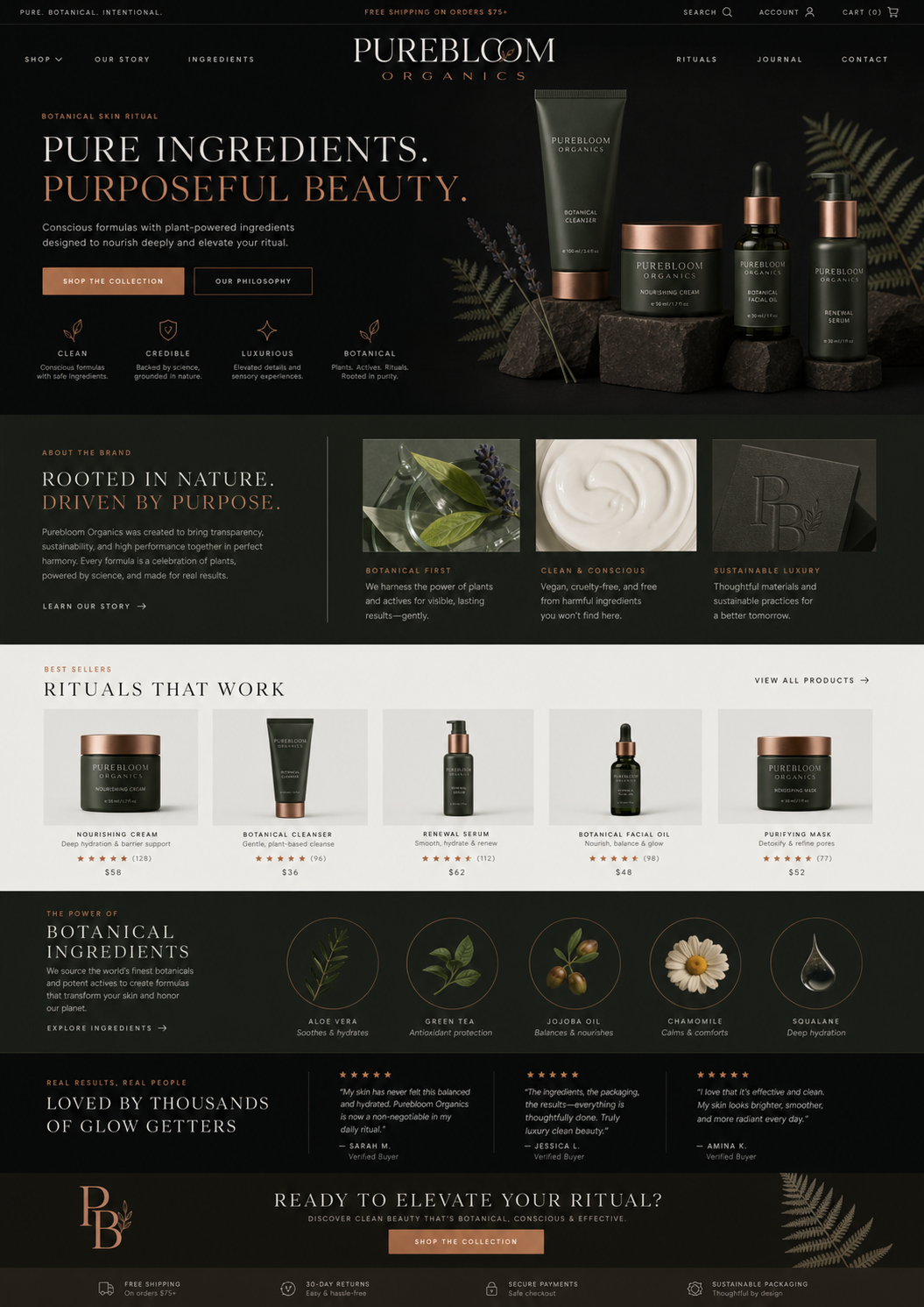 Purebloom e-commerce site: hero composition, brand story, best sellers, botanical ingredients module, customer reviews, sustainability footer