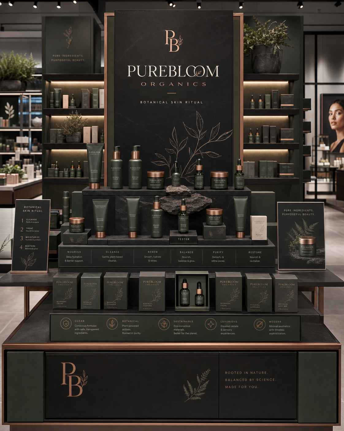 Purebloom retail display: floor-standing tower fixture with hero header, four-step ritual, six-SKU shelf, tester station, and brand attribute footer