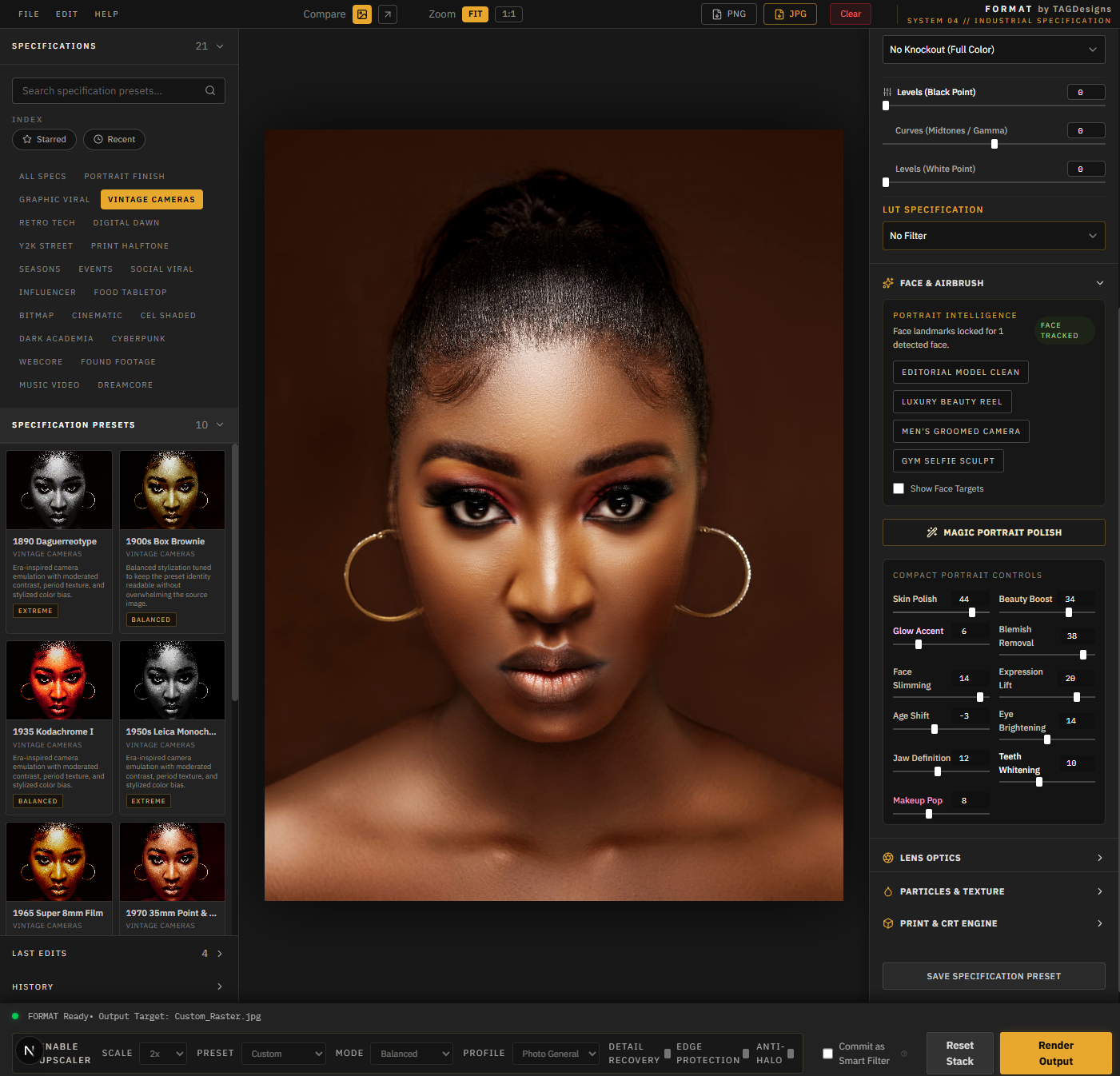 FORMAT render console: specifications panel (21 categories), specification presets (10 visible), live portrait preview, format controls (knockout, levels, curves, LUT), face & airbrush portrait intelligence, lens optics, particles & texture, print & CRT engine, render output