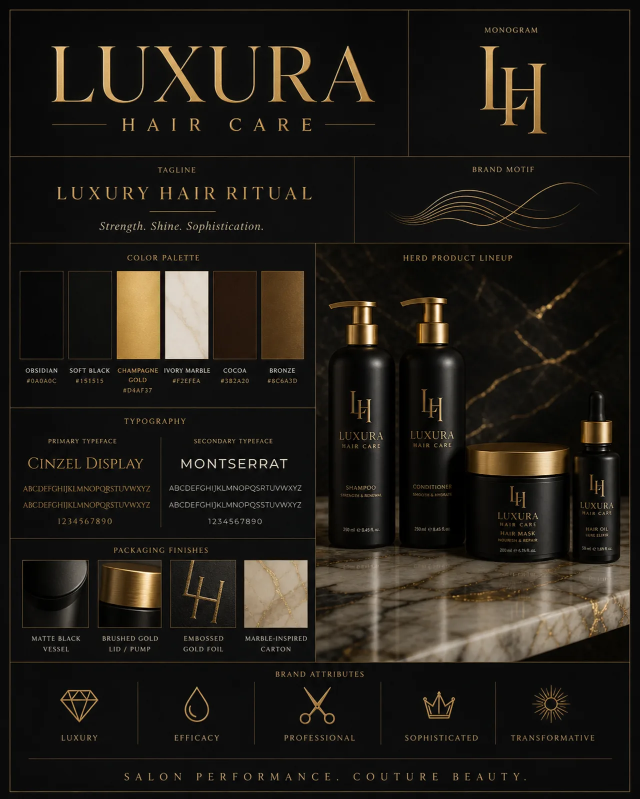 Luxura brand identity board: wordmark, LH monogram, tagline, brand motif, color palette, typography, packaging finishes, and brand attributes