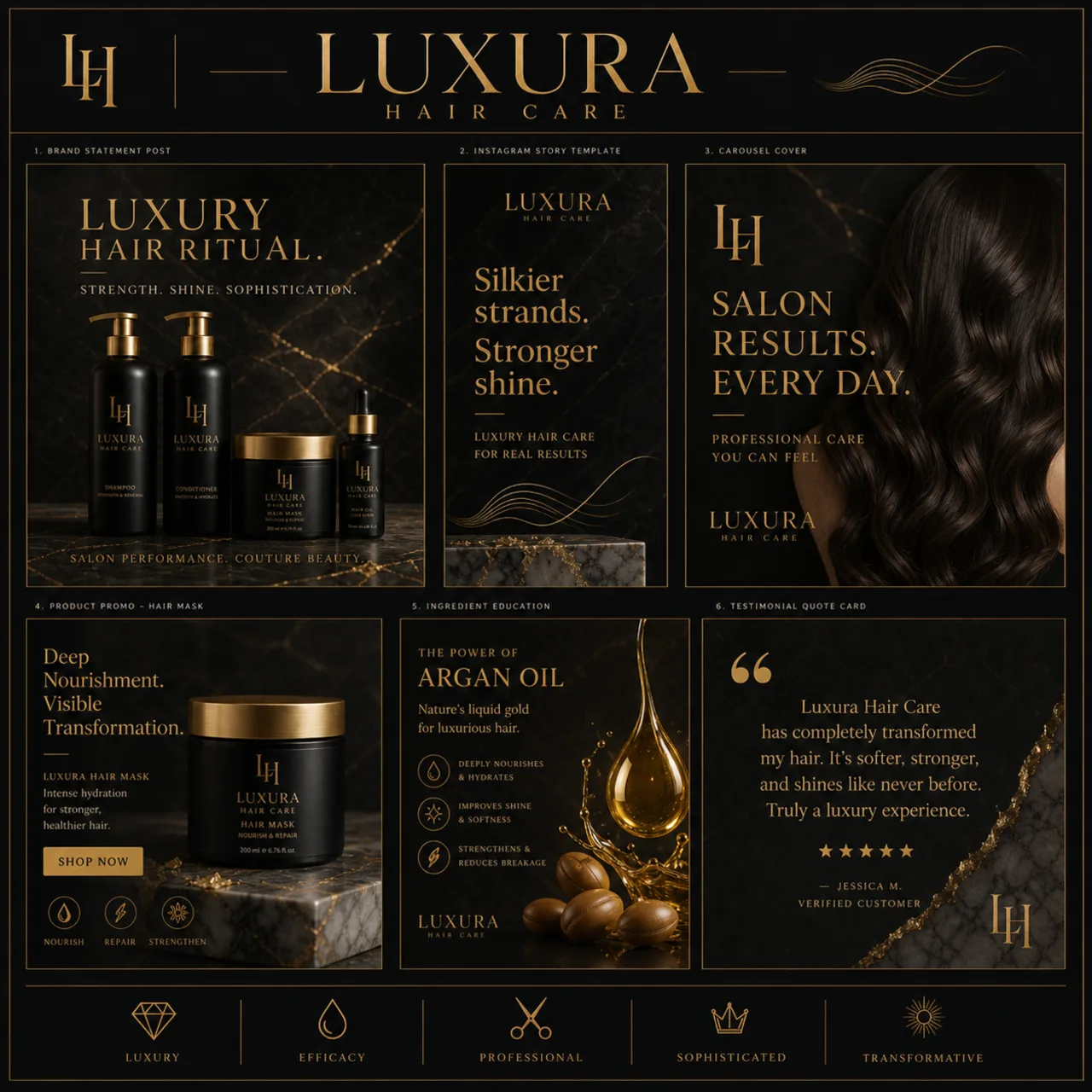 Luxura social media toolkit: brand statement post, Instagram story template, carousel cover, hair-mask product promo, argan-oil ingredient education, and testimonial quote card