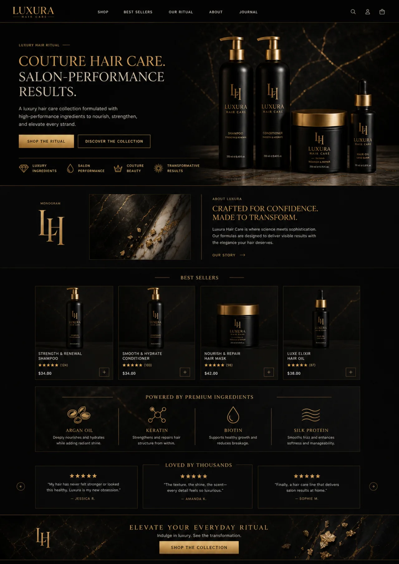 Luxura e-commerce site: hero composition, brand story, best sellers grid, premium ingredients module, customer reviews carousel, and elevate-your-ritual footer