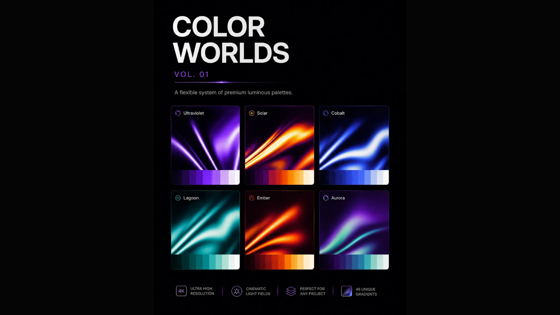 Signature Light Fields Vol. 01 — 4 color worlds showing Violet, Solar, Cyan, and Emerald atmospheres