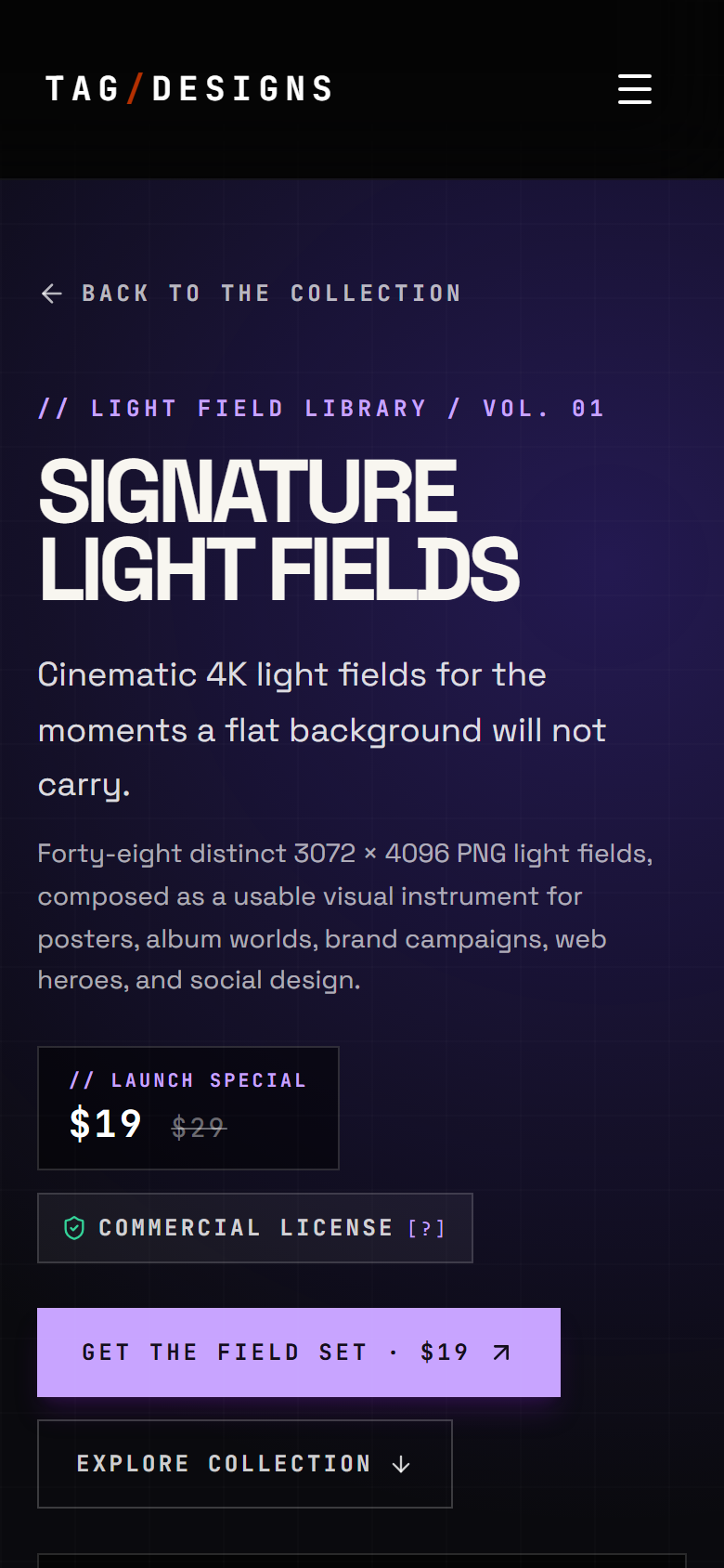 Signature Light Fields mobile storefront hero